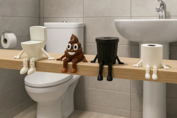4'lü Beyaz Banyo Dekorasyon Seti - Sevimli 3D Tasarım Figürler